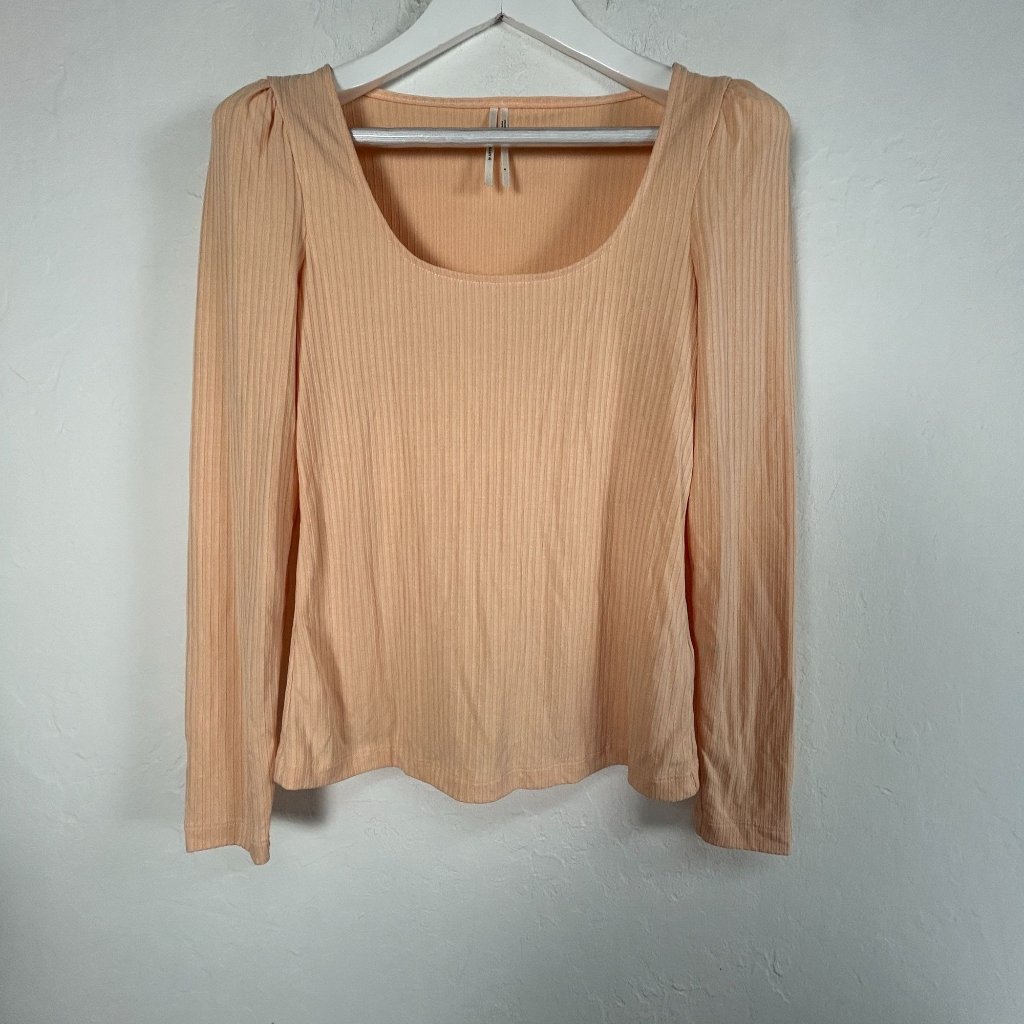 Anthropologie Womens Peach Ribbed Knit Puff Sleeve Scoop Neck Top Small Nwot